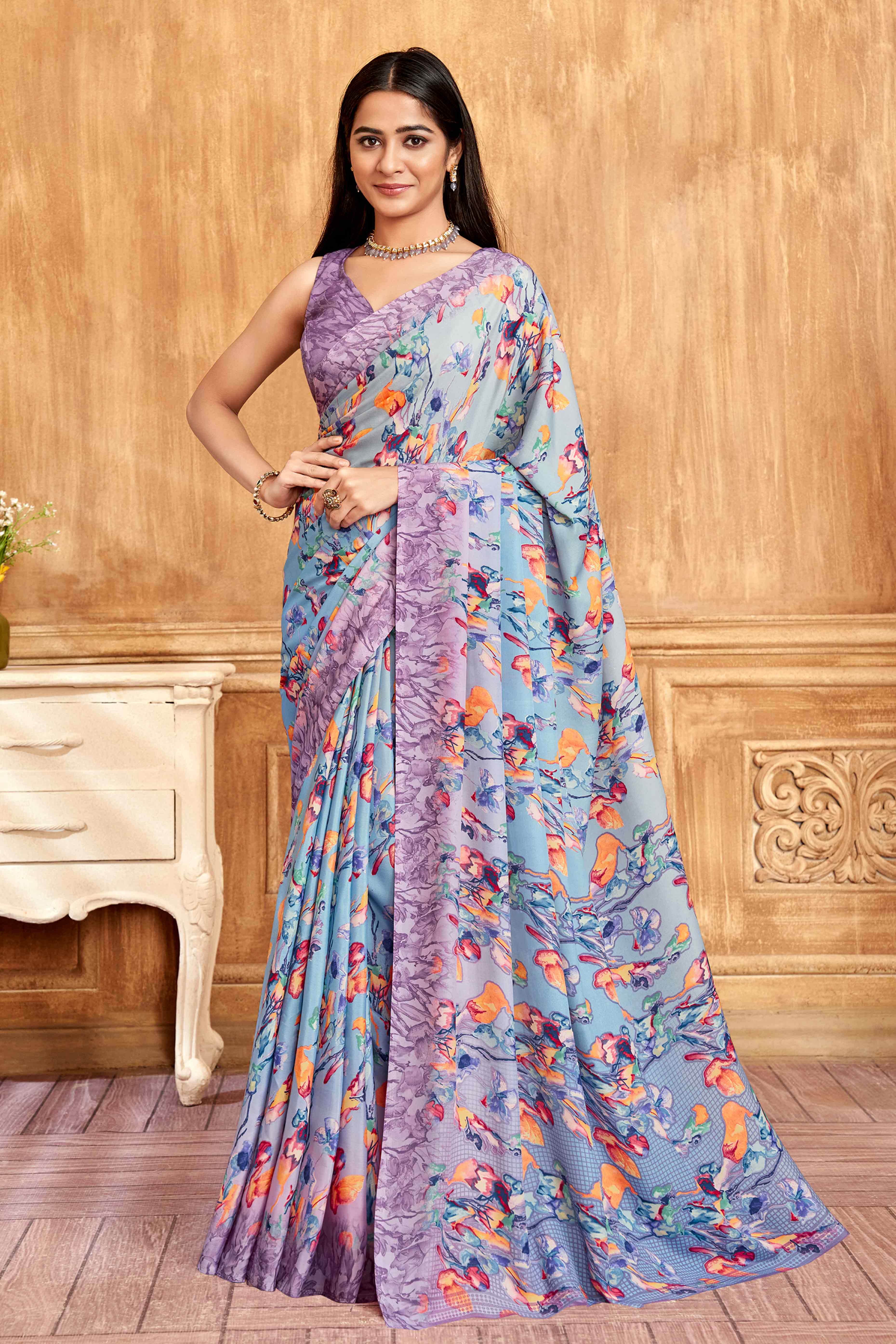 Lavender Floral Printed Crepe Silk Saree