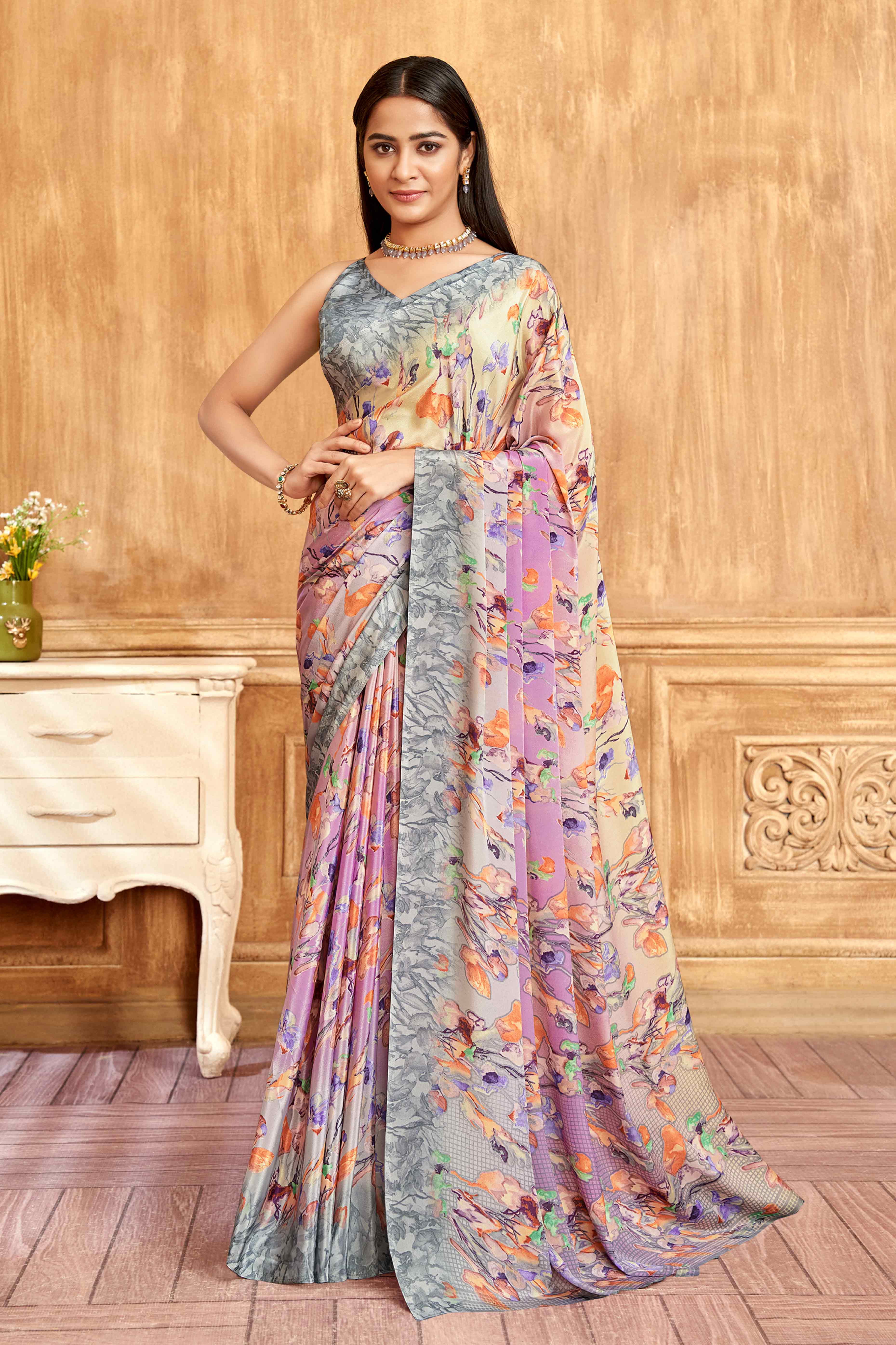 Grey Floral Printed Crepe Silk Saree