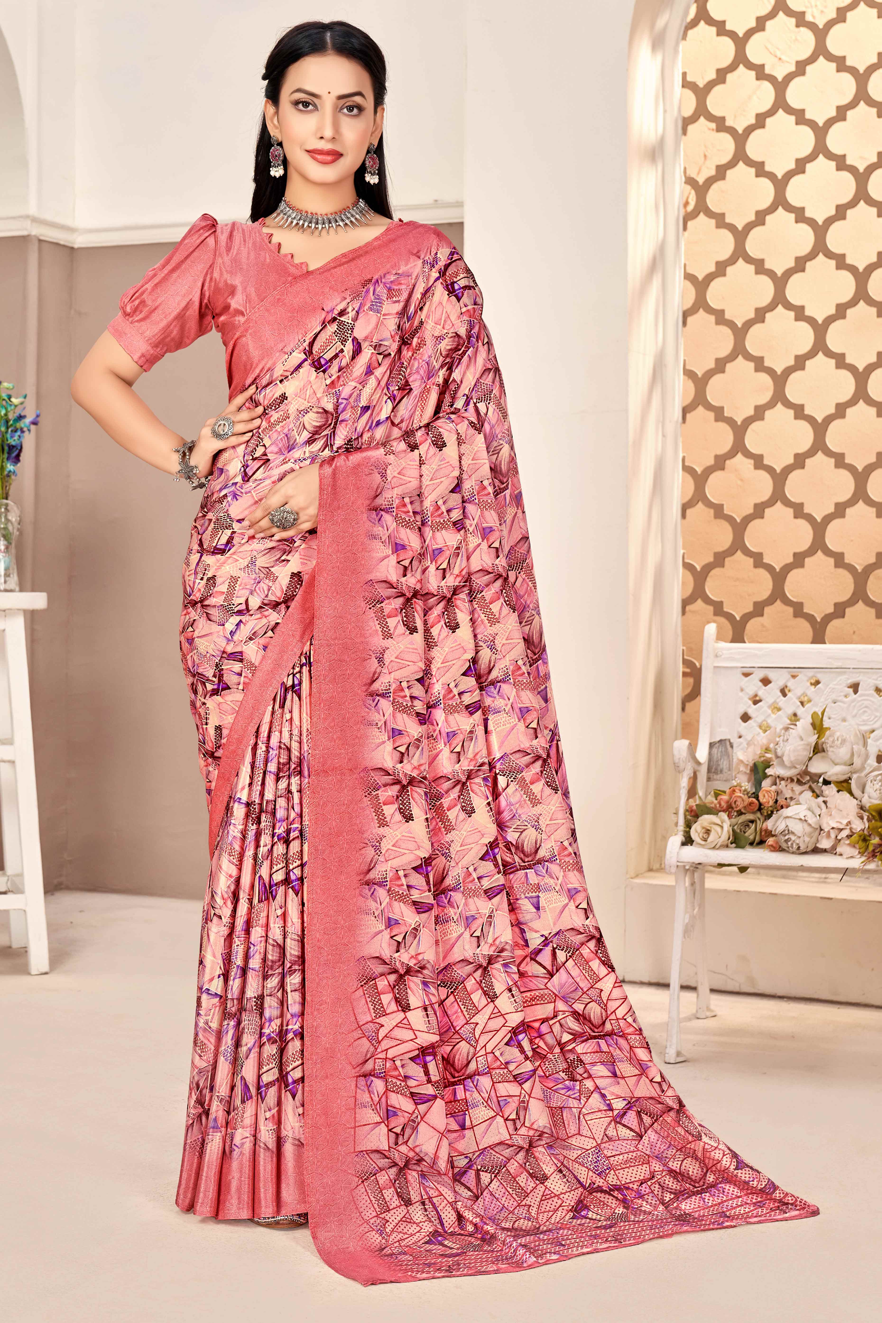 Salmon Pink Silk Crepe Saree With Artistic Geometric Printed Work