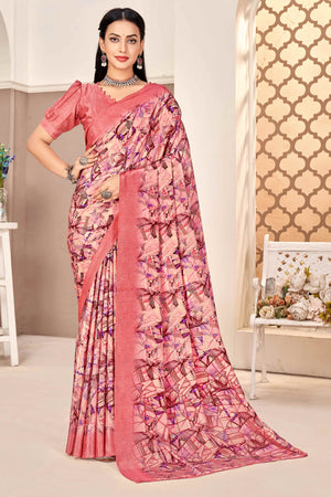 Salmon Pink Silk Crepe Saree With Artistic Geometric Printed Work