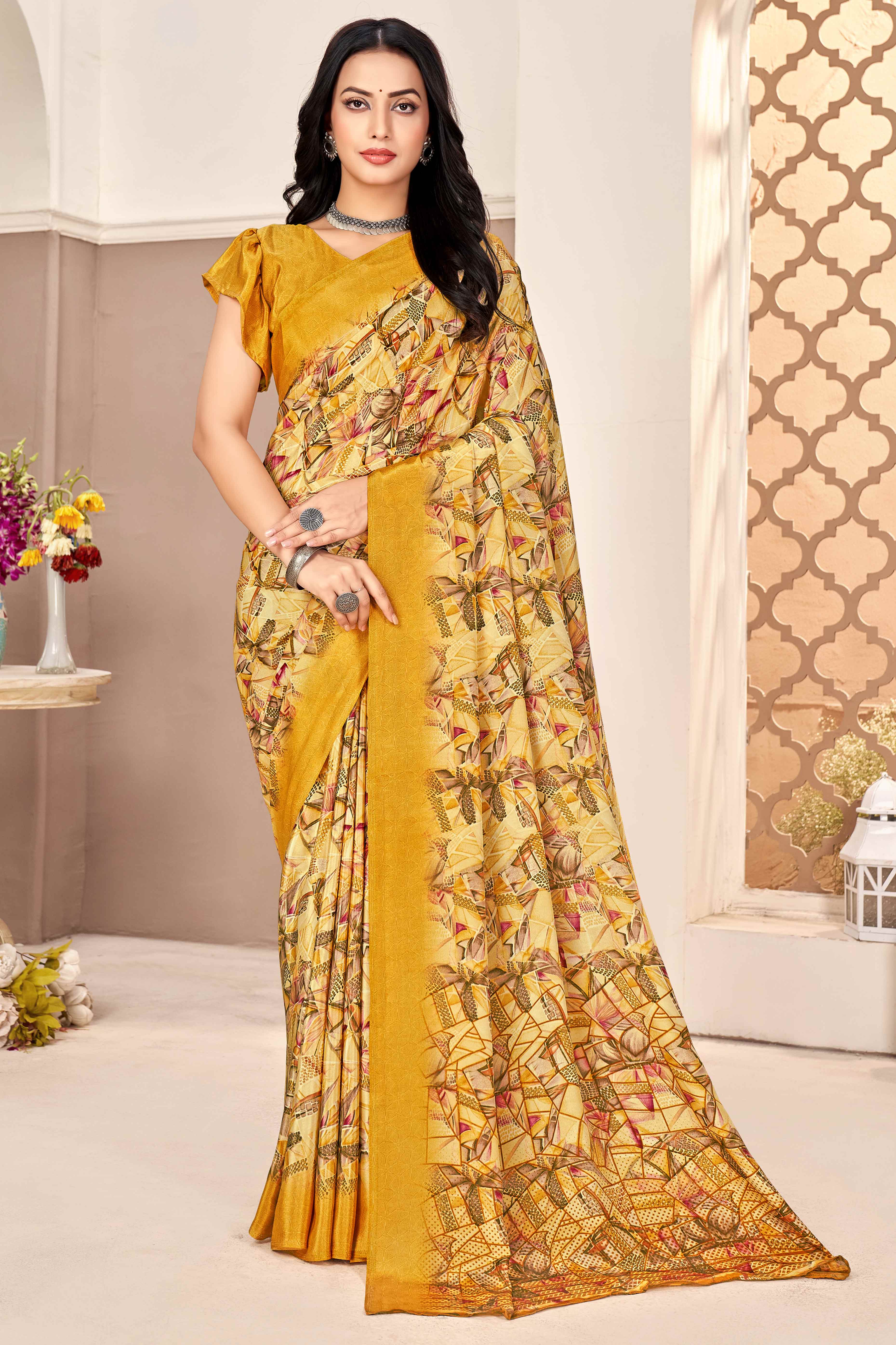 Mustard Silk Crepe Saree With Artistic Geometric Printed Work