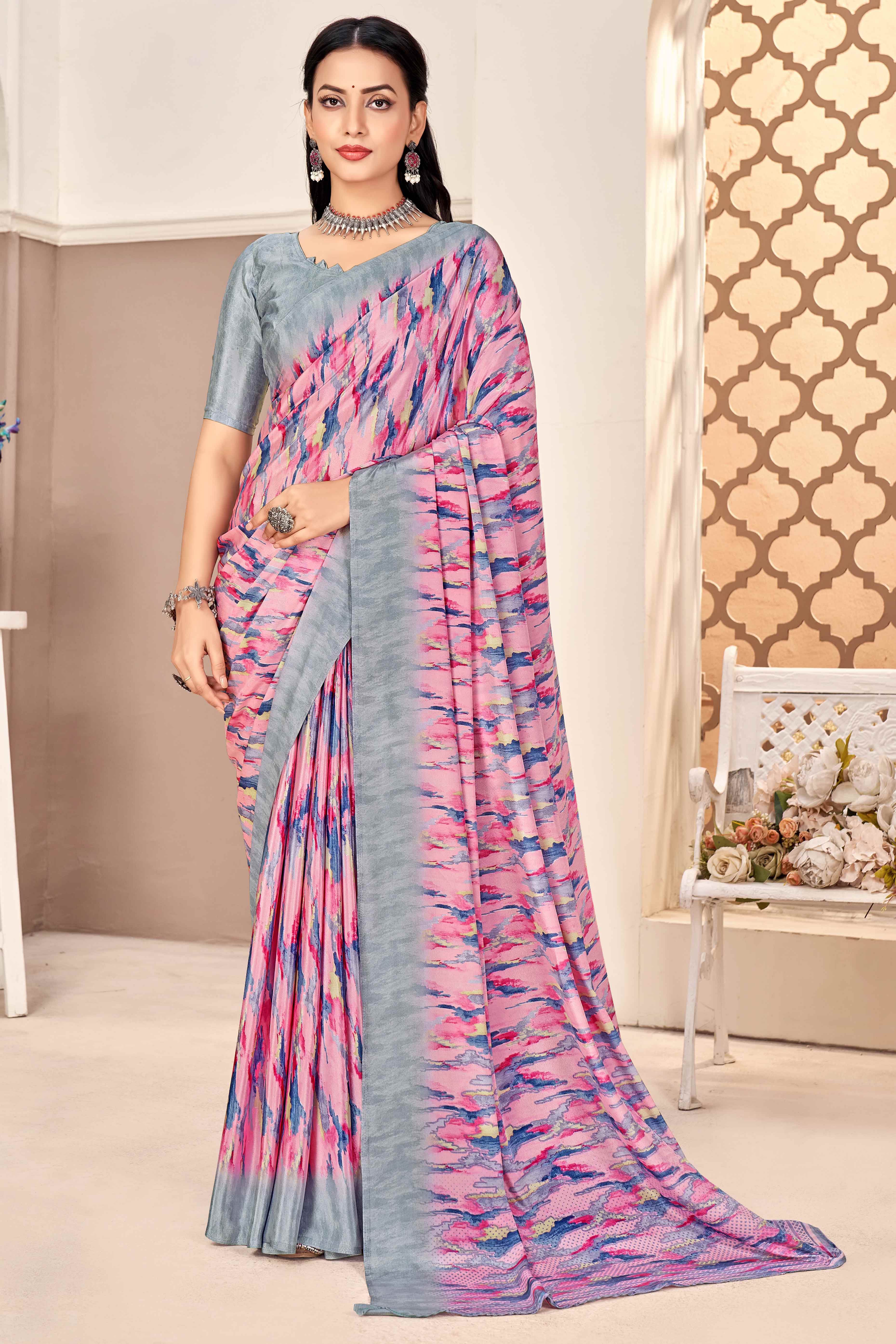 Pink & Grey Silk Crepe Saree With Artistic Abstract Printed Work