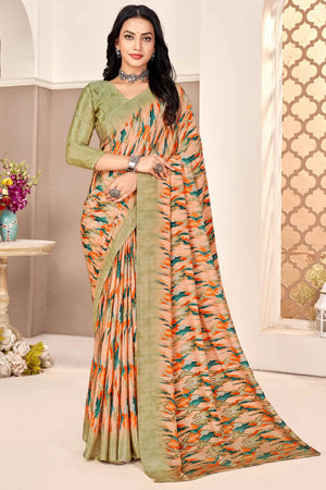 Peach & Olive Silk Crepe Saree With Artistic Abstract Printed Work