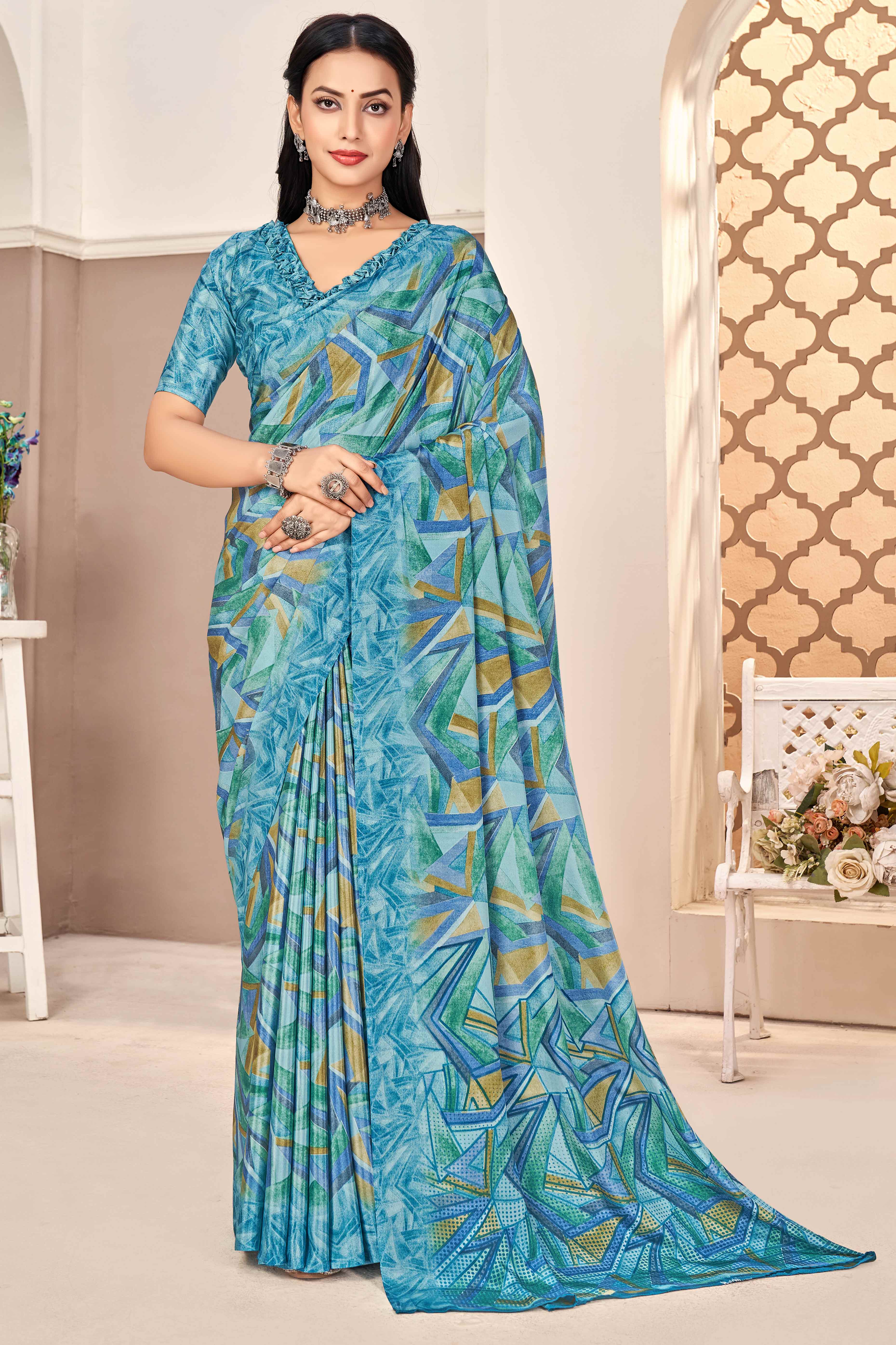 Blue Silk Crepe Saree With Artistic Geometric Printed Work