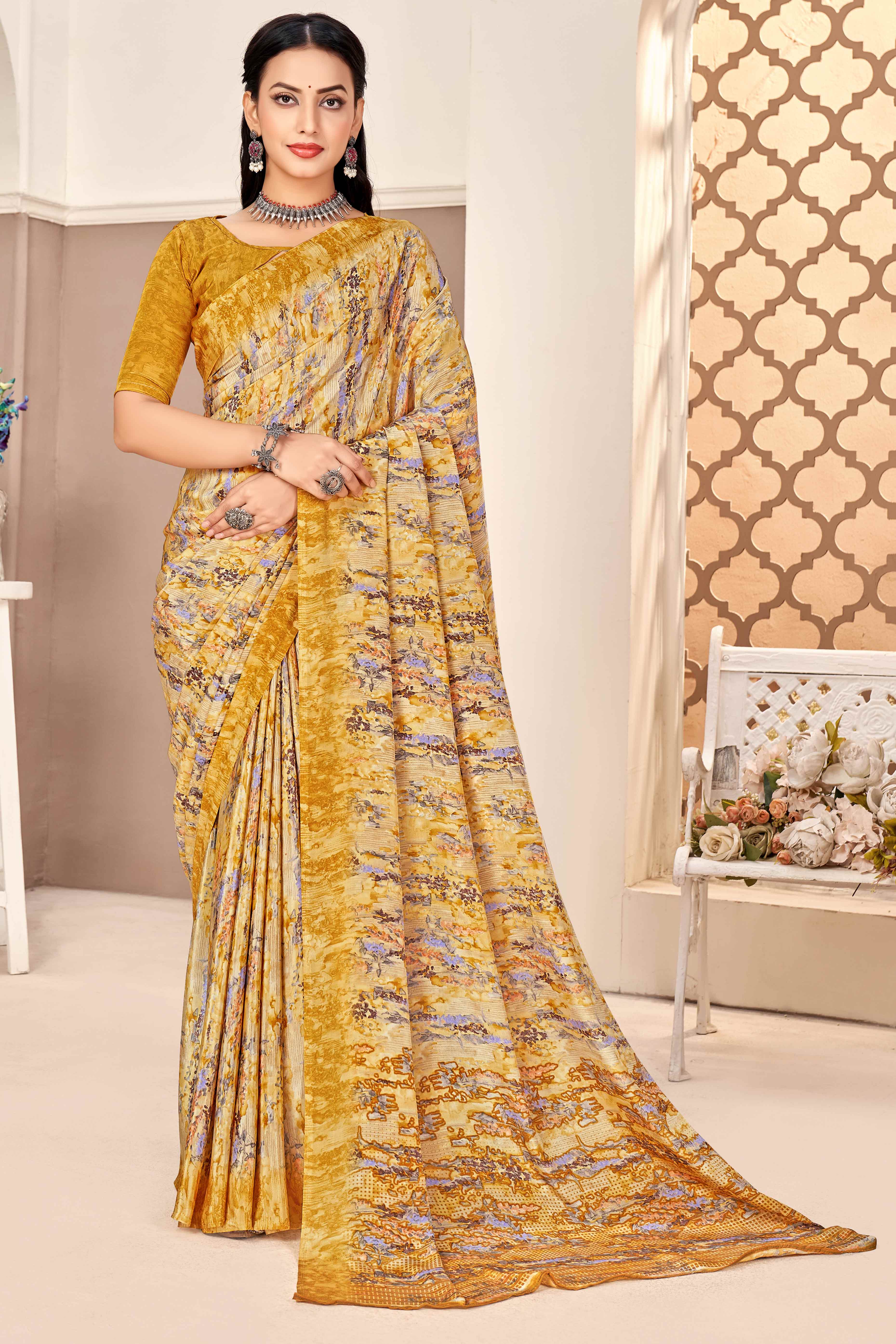 Mustard Silk Crepe Saree With Artistic Abstract Printed Work
