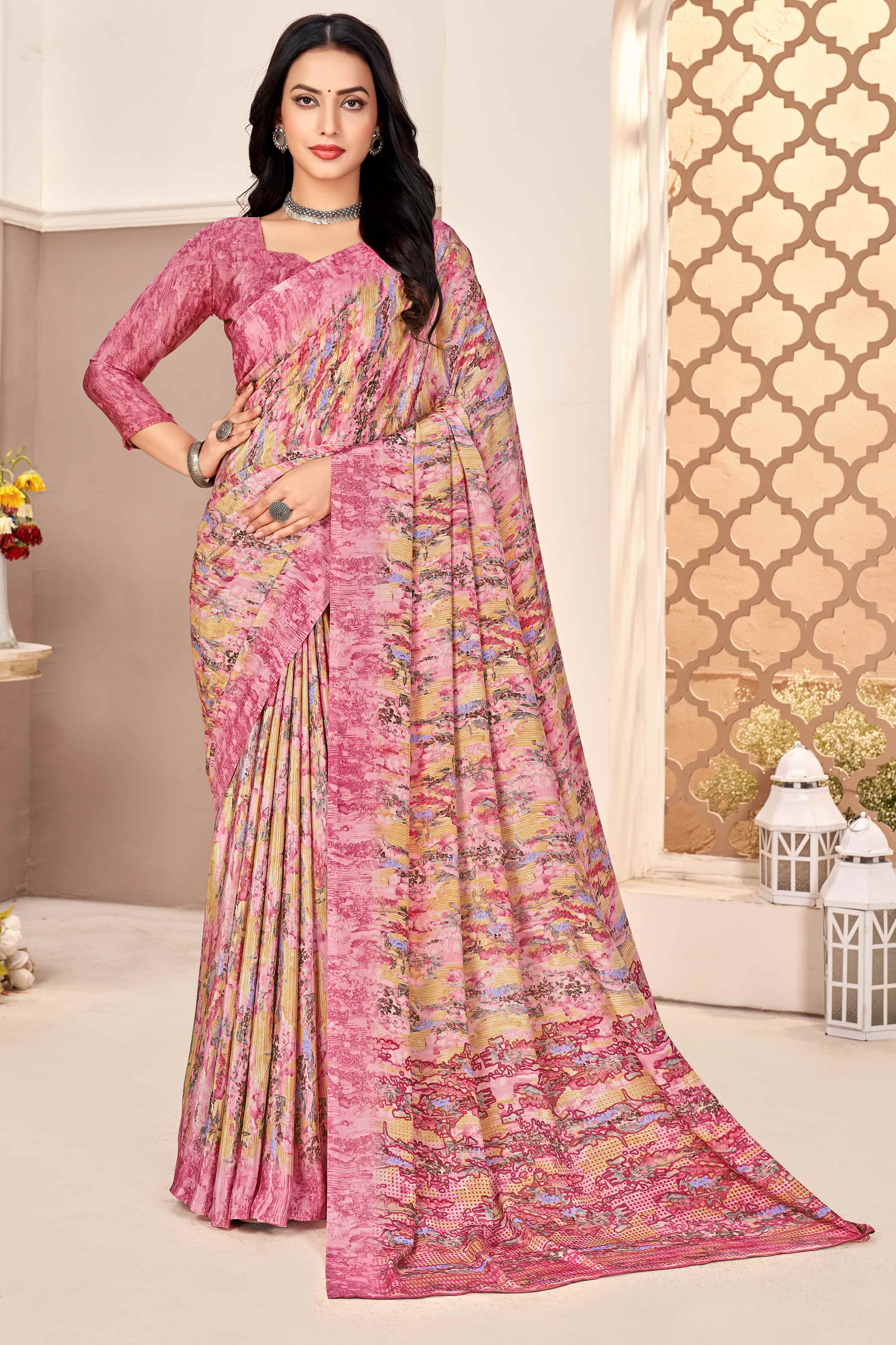 Onion Pink Silk Crepe Saree With Artistic Abstract Printed Work