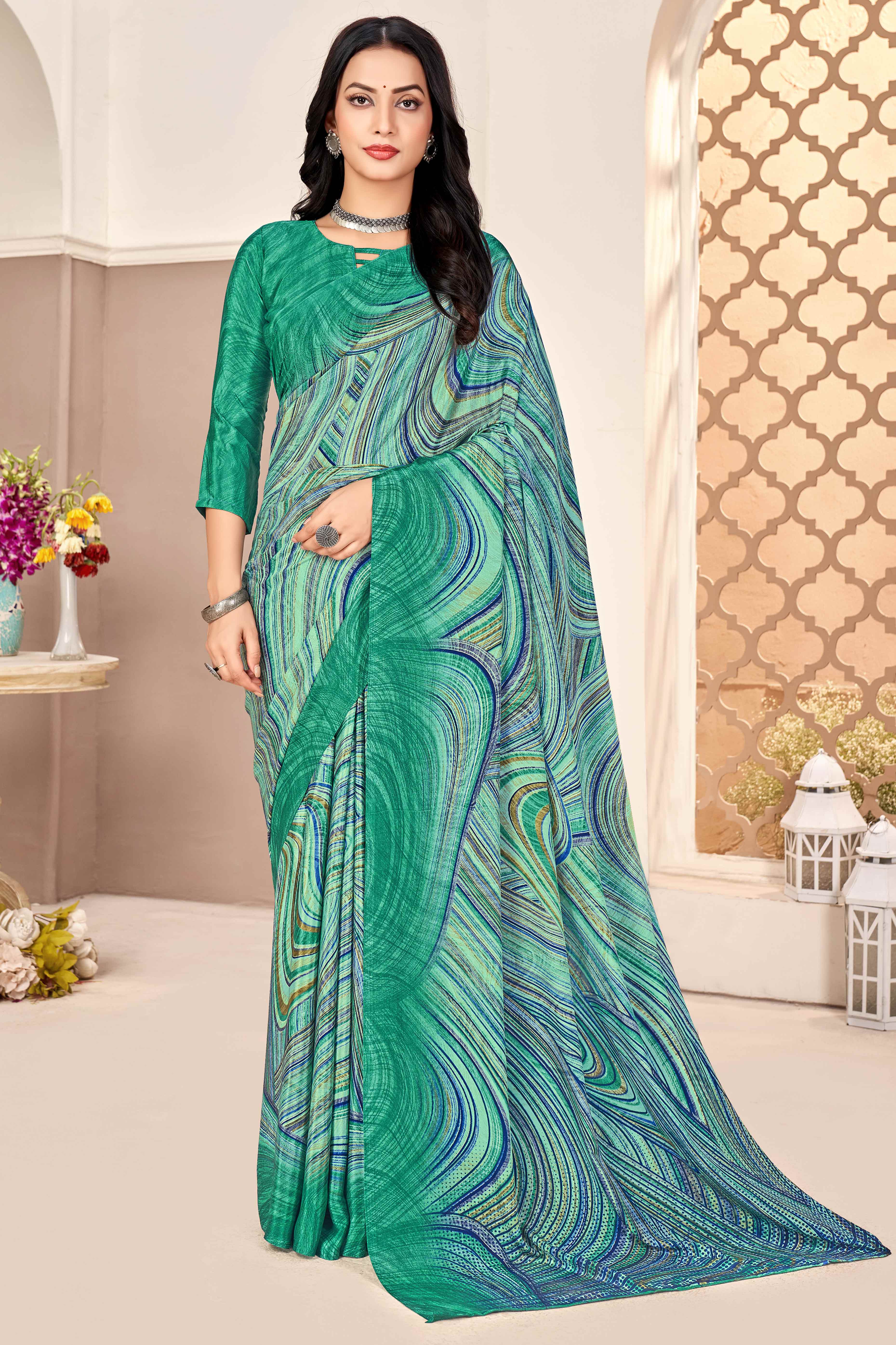 Green Silk Crepe Saree With Artistic Abstract Printed Work