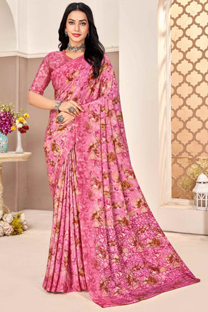 Pink Silk Crepe Saree With Artistic Abstract Printed Work