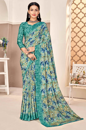 Teal Silk Crepe Saree With Artistic Abstract Printed Work