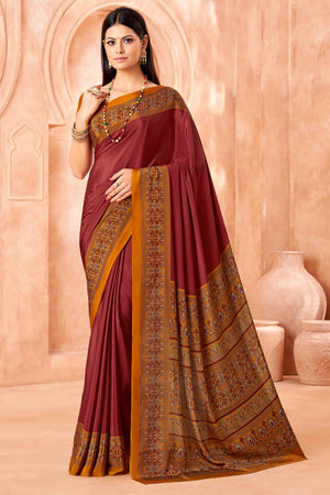 Maroon Crepe Silk Saree with Elegant Floral Print Detailing