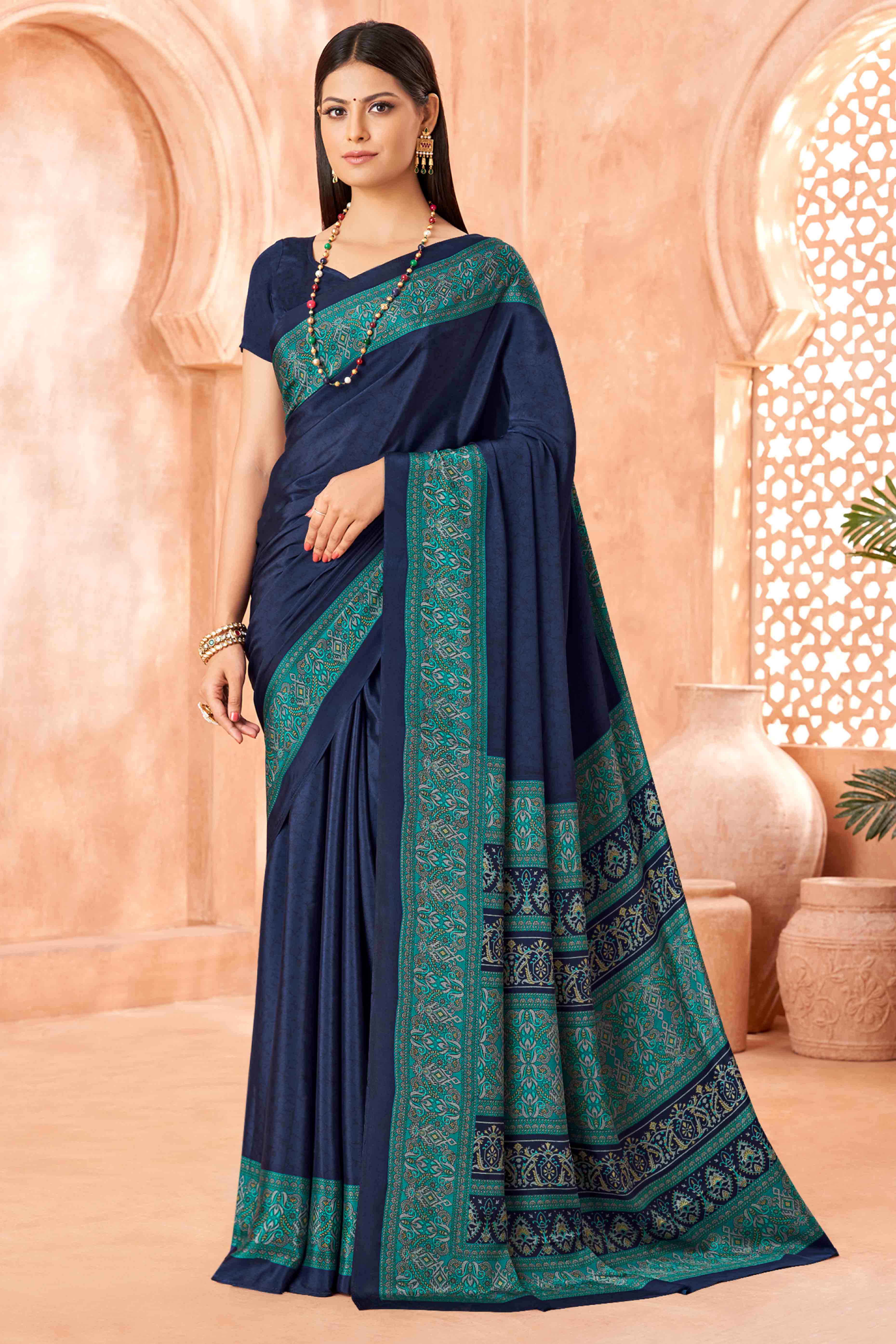 Navy Blue Crepe Silk Saree with Elegant Floral Print Detailing