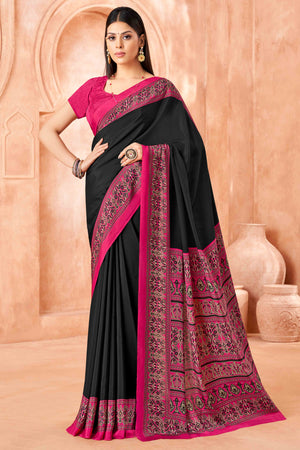 Black Crepe Silk Saree with Elegant Floral Print Detailing