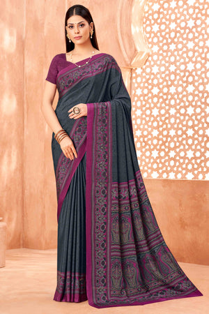 Grey Crepe Silk Saree with Elegant Floral Print Detailing