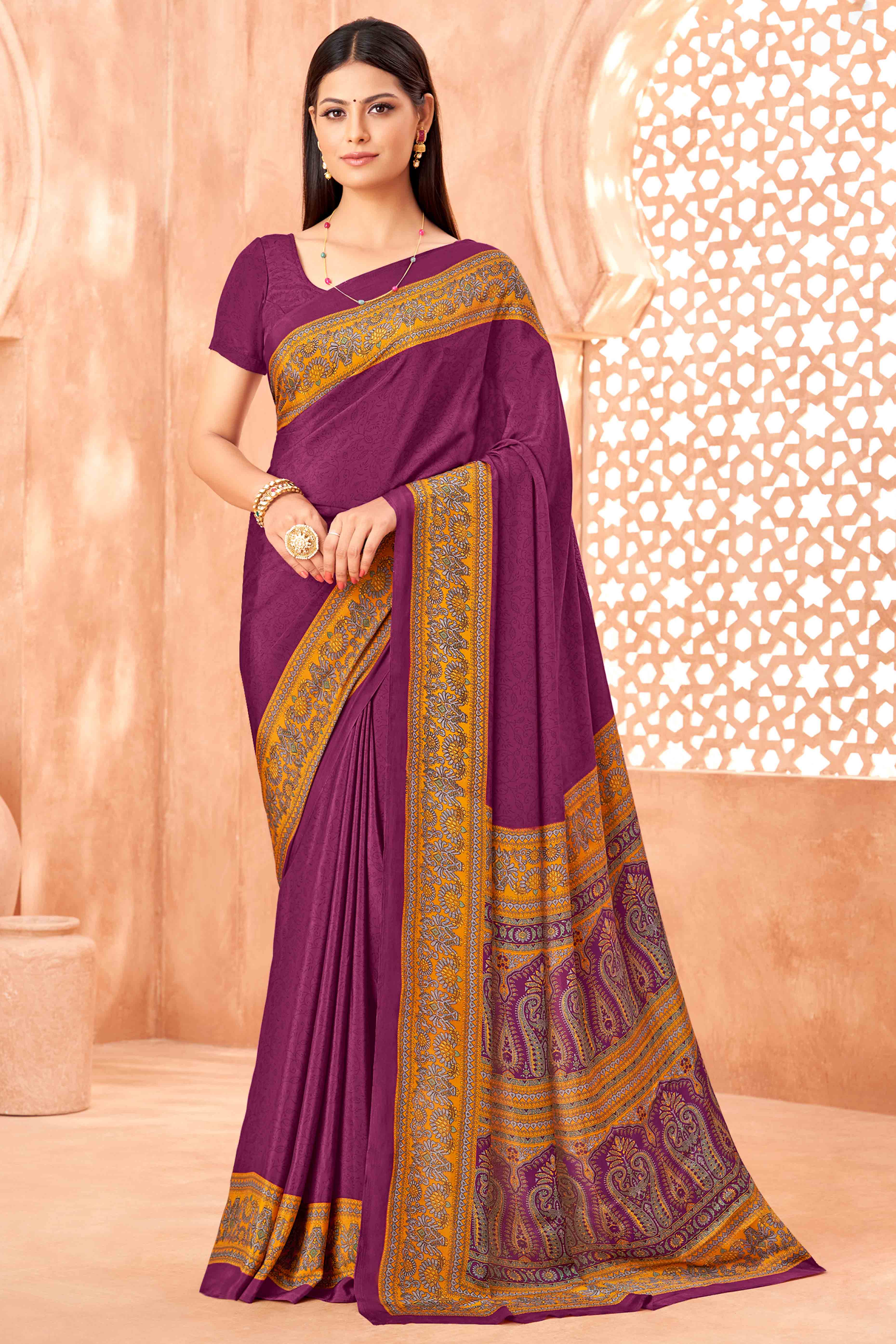 Dark Magenta Crepe Silk Saree with Elegant Floral Print Detailing