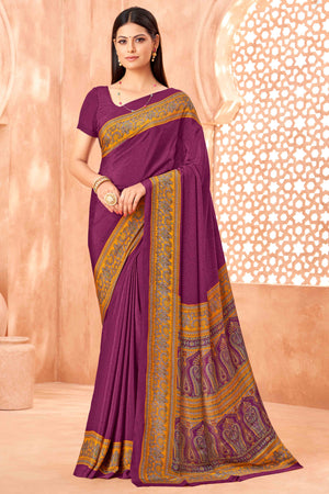 Dark Magenta Crepe Silk Saree with Elegant Floral Print Detailing