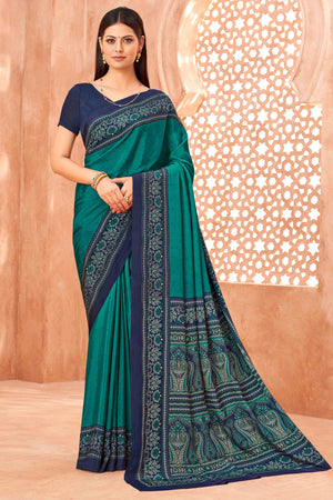 Teal Crepe Silk Saree with Elegant Floral Print Detailing