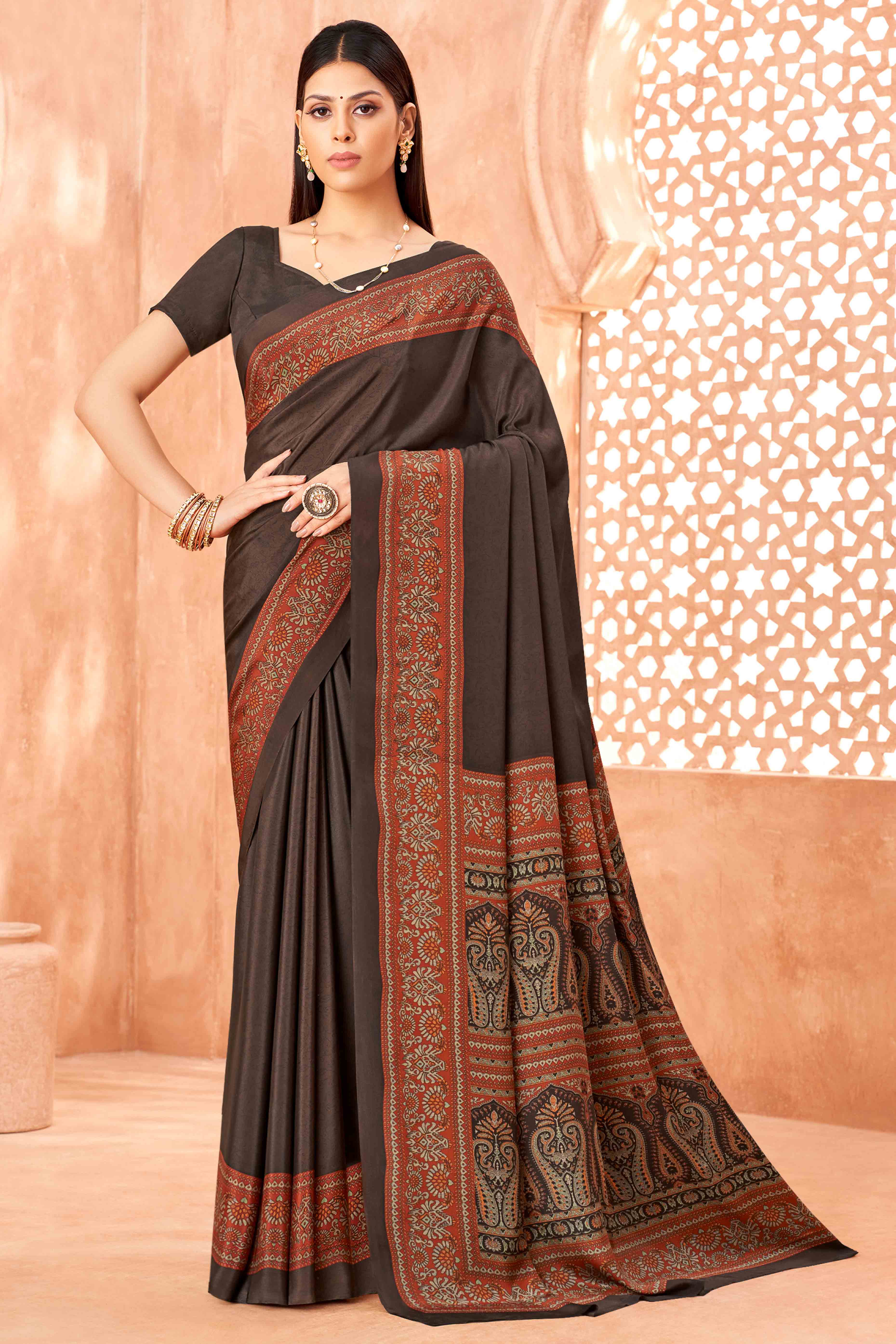 Brown Crepe Silk Saree with Elegant Floral Print Detailing