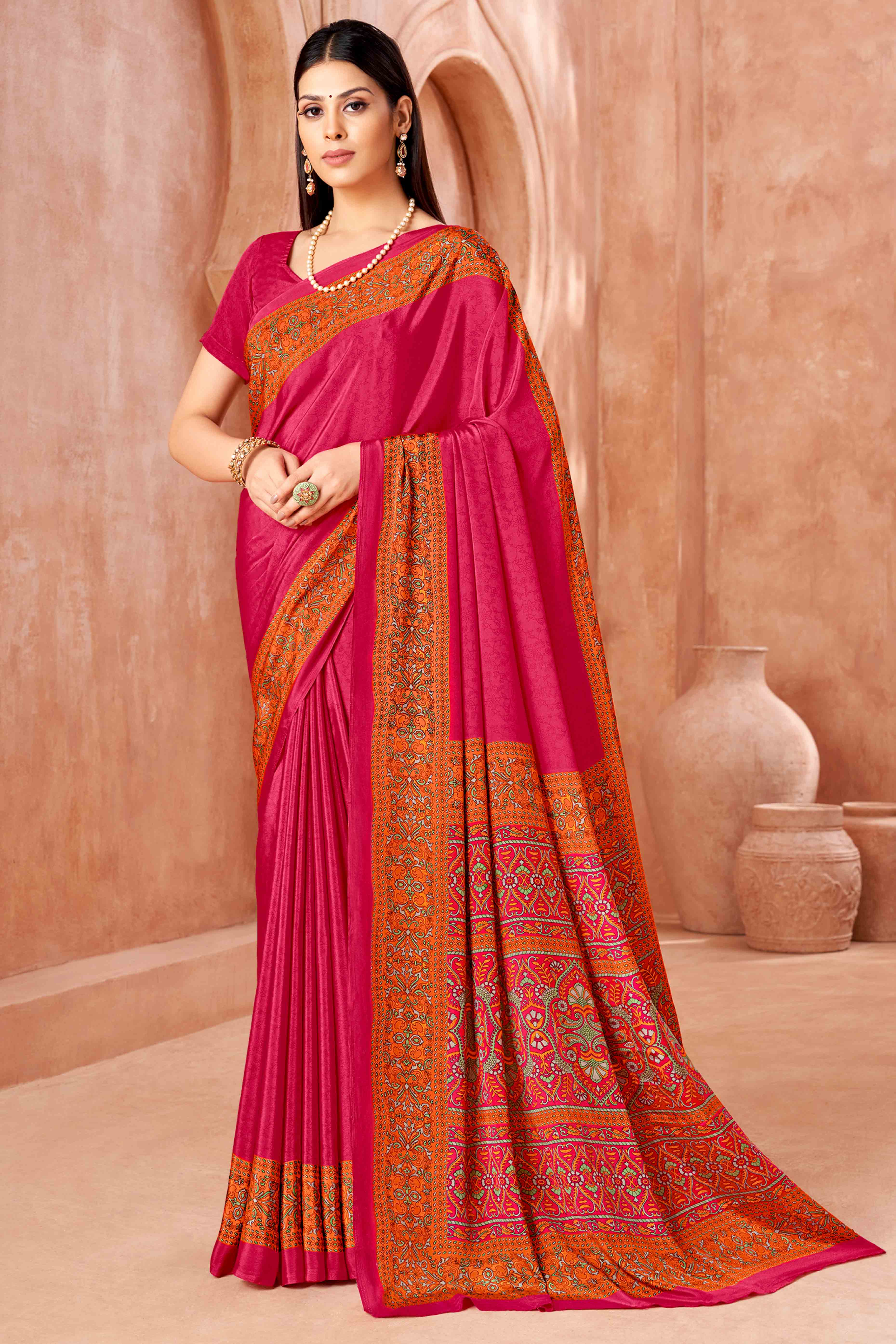 Pink Crepe Silk Saree with Elegant Floral Print Detailing