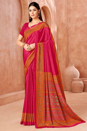 Pink Crepe Silk Saree with Elegant Floral Print Detailing