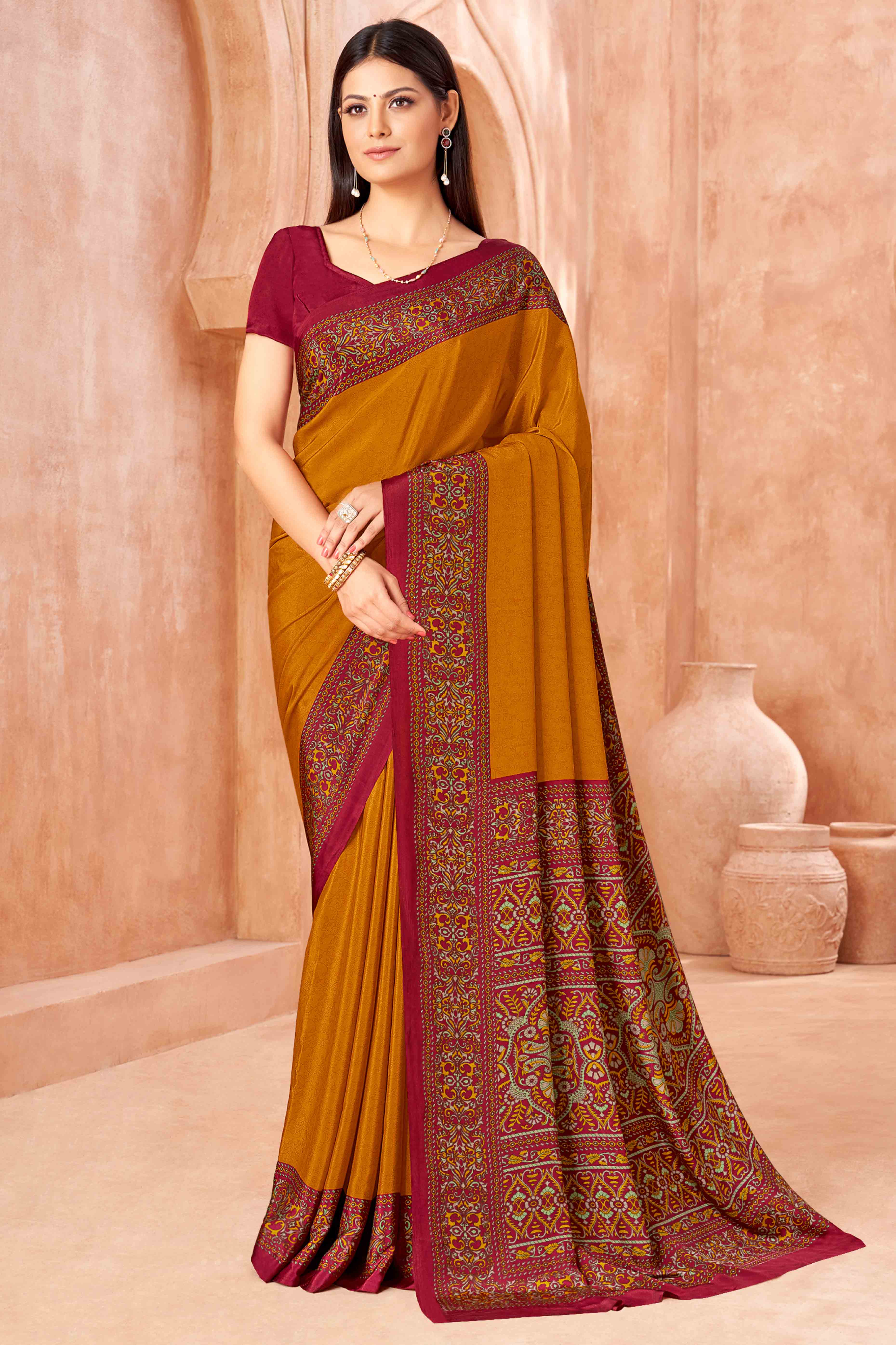 Mustard Crepe Silk Saree with Elegant Floral Print Detailing