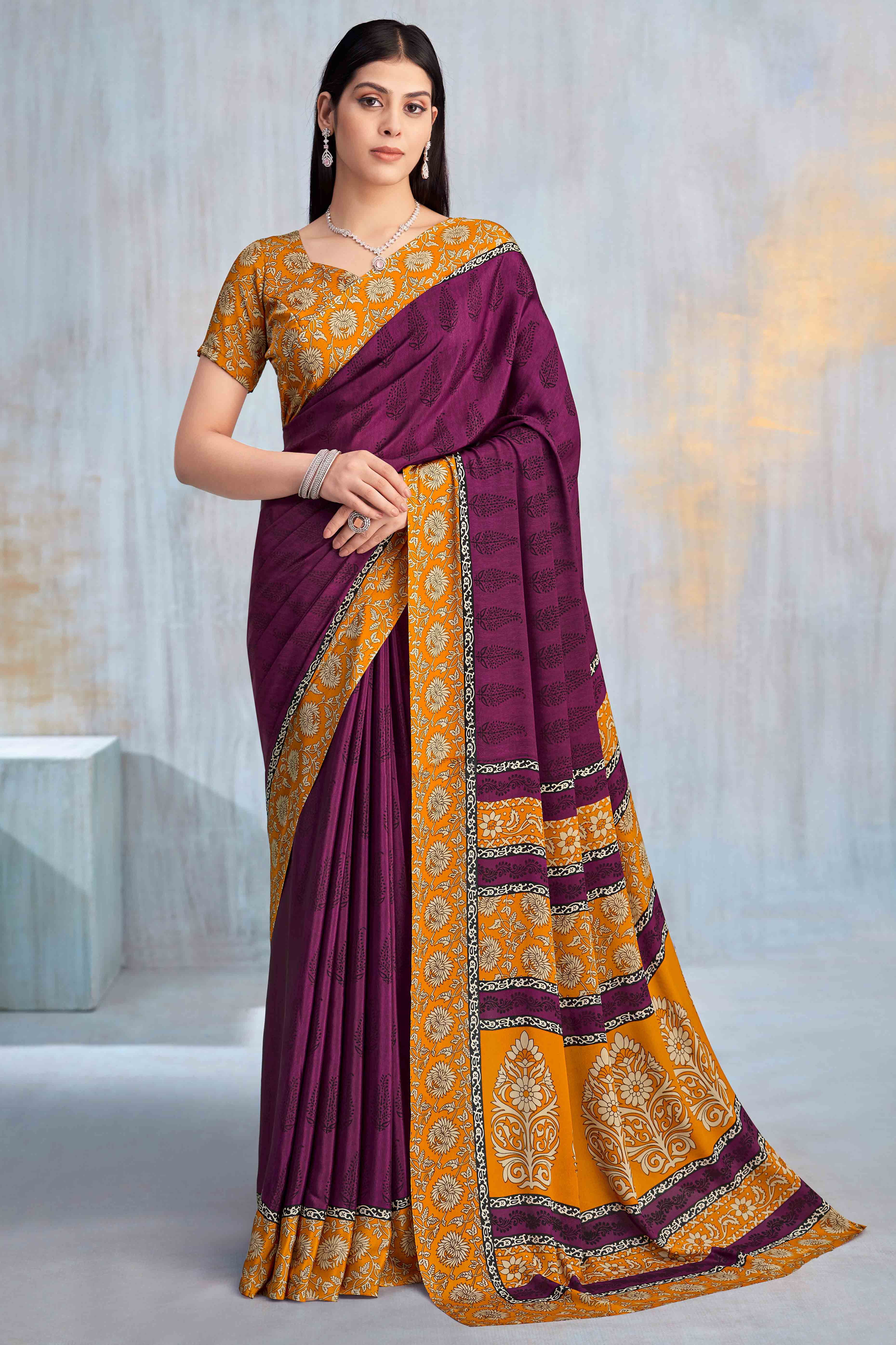 Dark Magenta Crepe Silk Saree Featuring Delicate Floral Print Work
