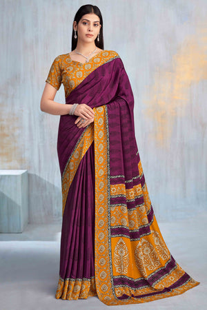 Dark Magenta Crepe Silk Saree Featuring Delicate Floral Print Work