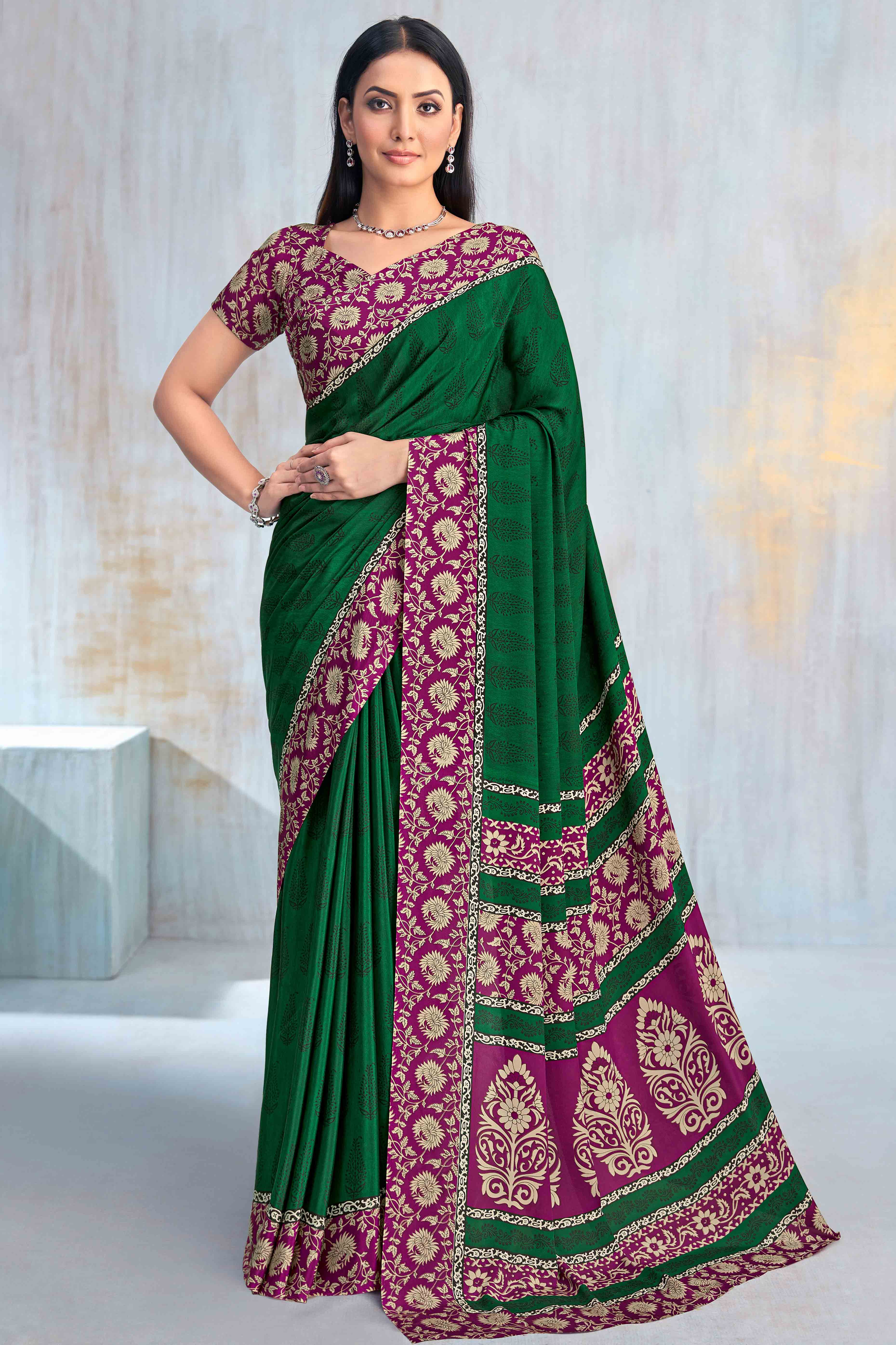 Green Crepe Silk Saree Featuring Delicate Floral Print Work