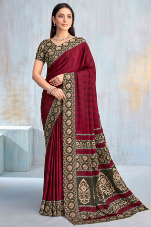 Maroon Crepe Silk Saree Featuring Delicate Floral Print Work
