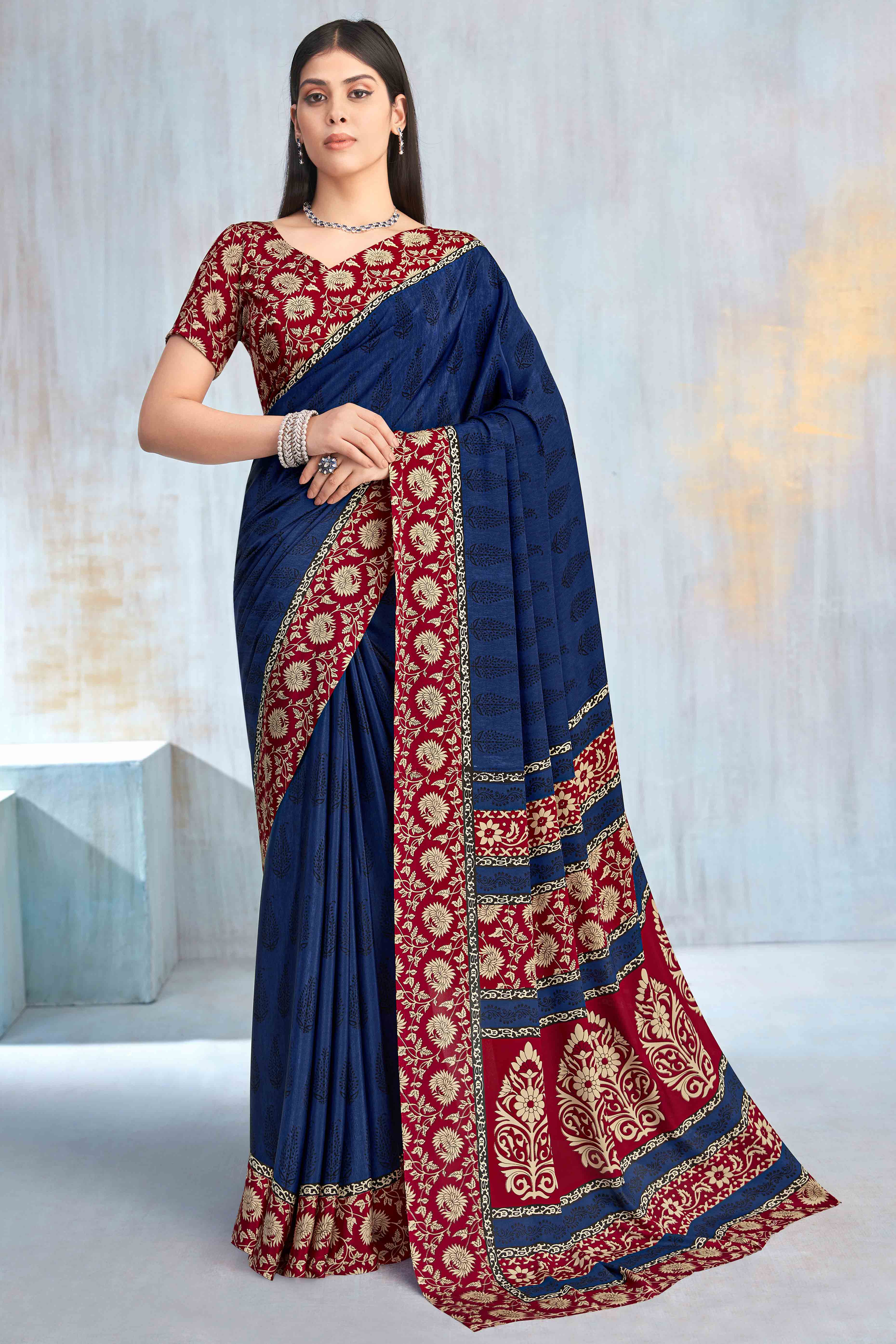 Navy Blue Crepe Silk Saree Featuring Delicate Floral Print Work