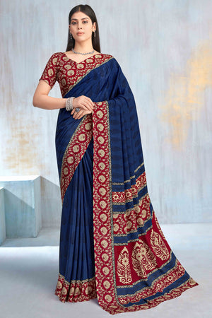 Navy Blue Crepe Silk Saree Featuring Delicate Floral Print Work