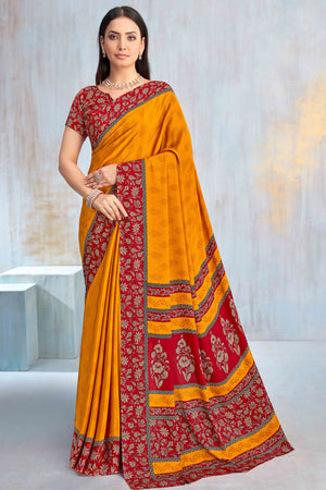 Mustard Crepe Silk Saree Featuring Delicate Floral Print Work