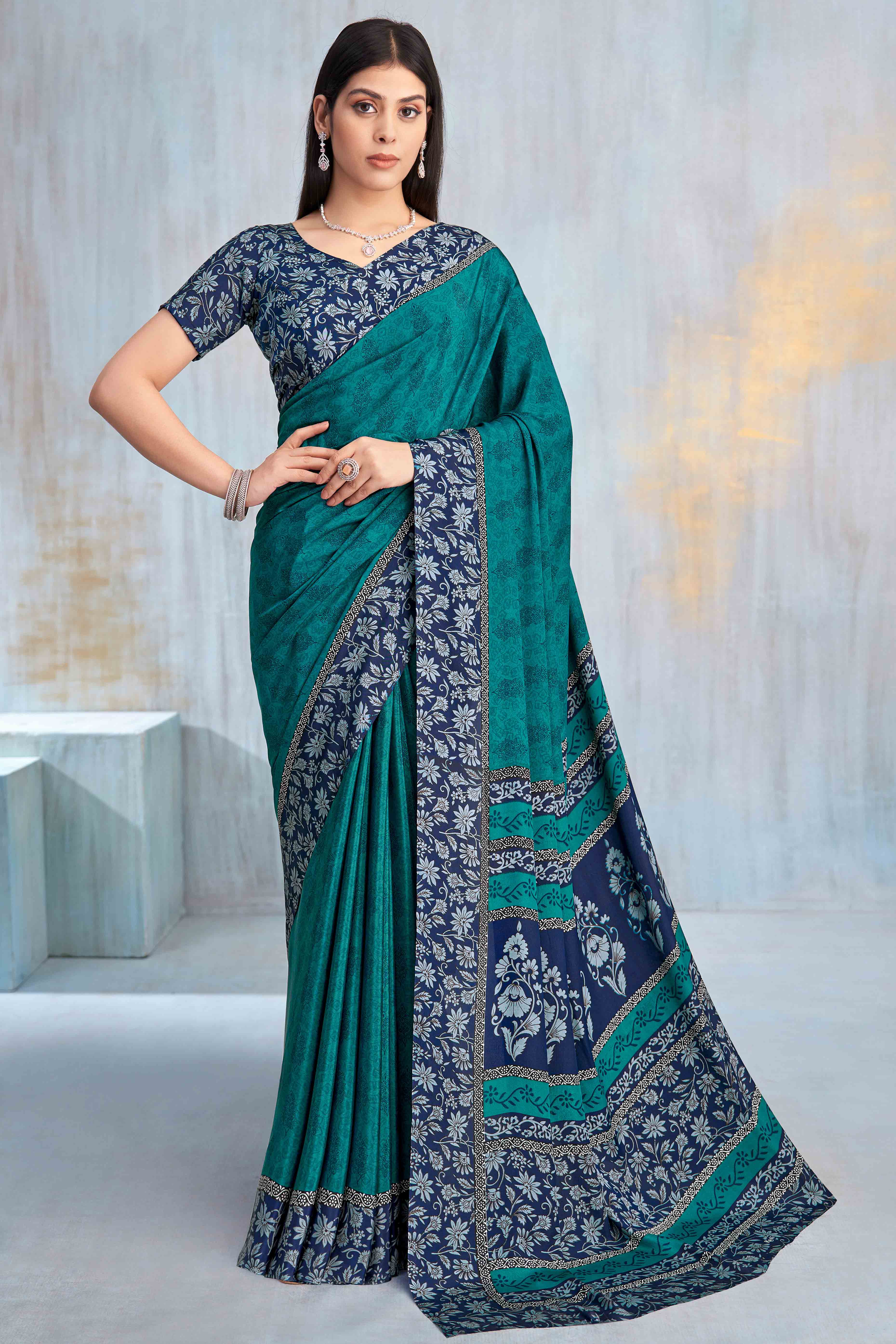 Teal Crepe Silk Saree Featuring Delicate Floral Print Work
