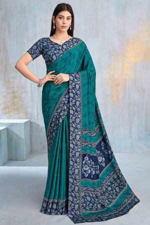 Teal Crepe Silk Saree Featuring Delicate Floral Print Work