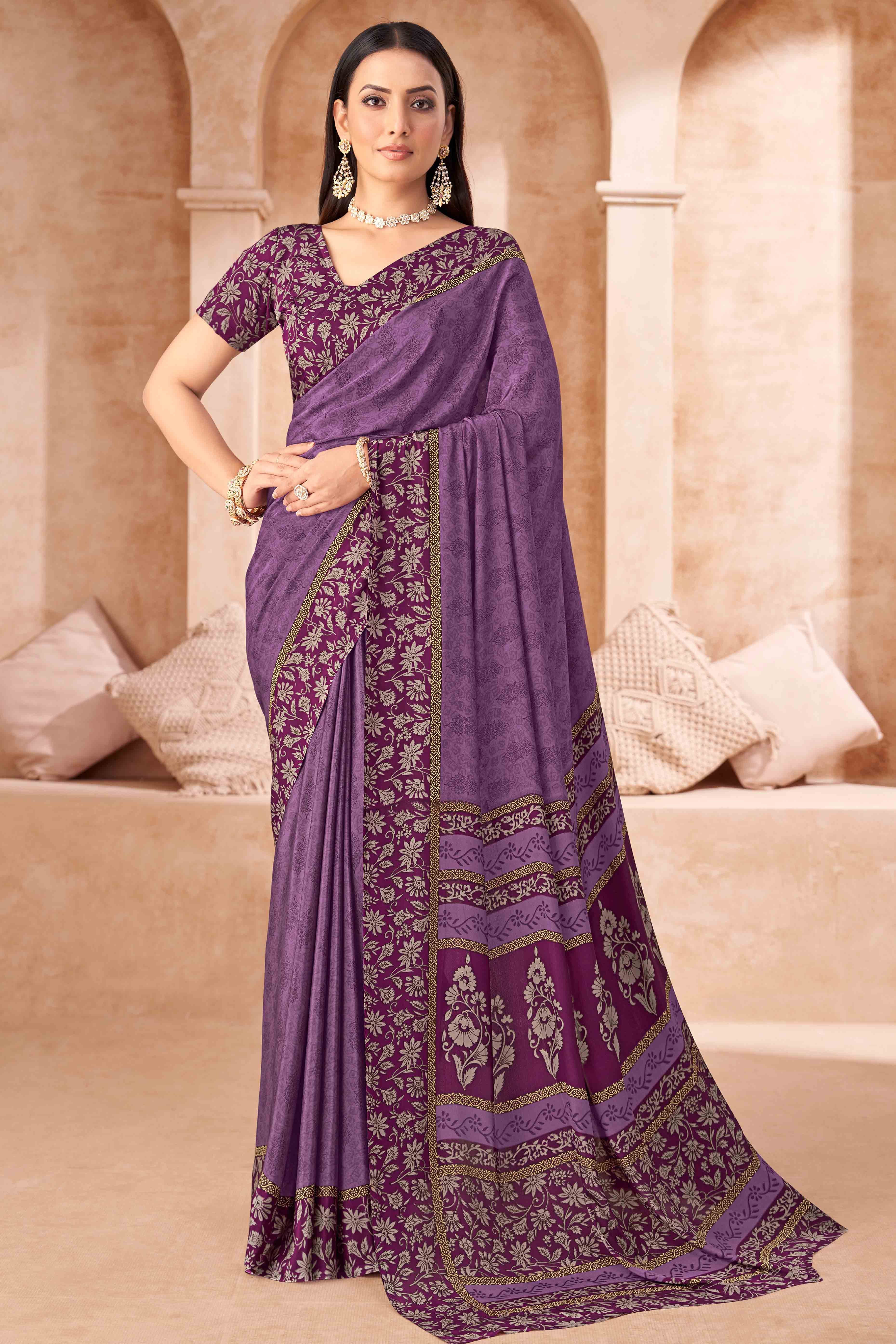 Plum Purple Crepe Silk Saree With Timeless Floral Print Detailing