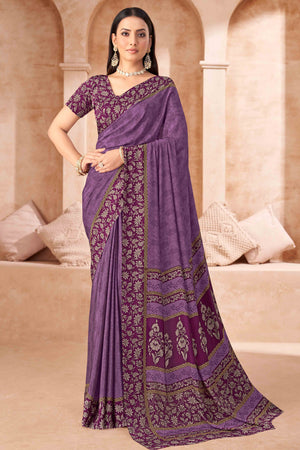 Plum Purple Crepe Silk Saree With Timeless Floral Print Detailing