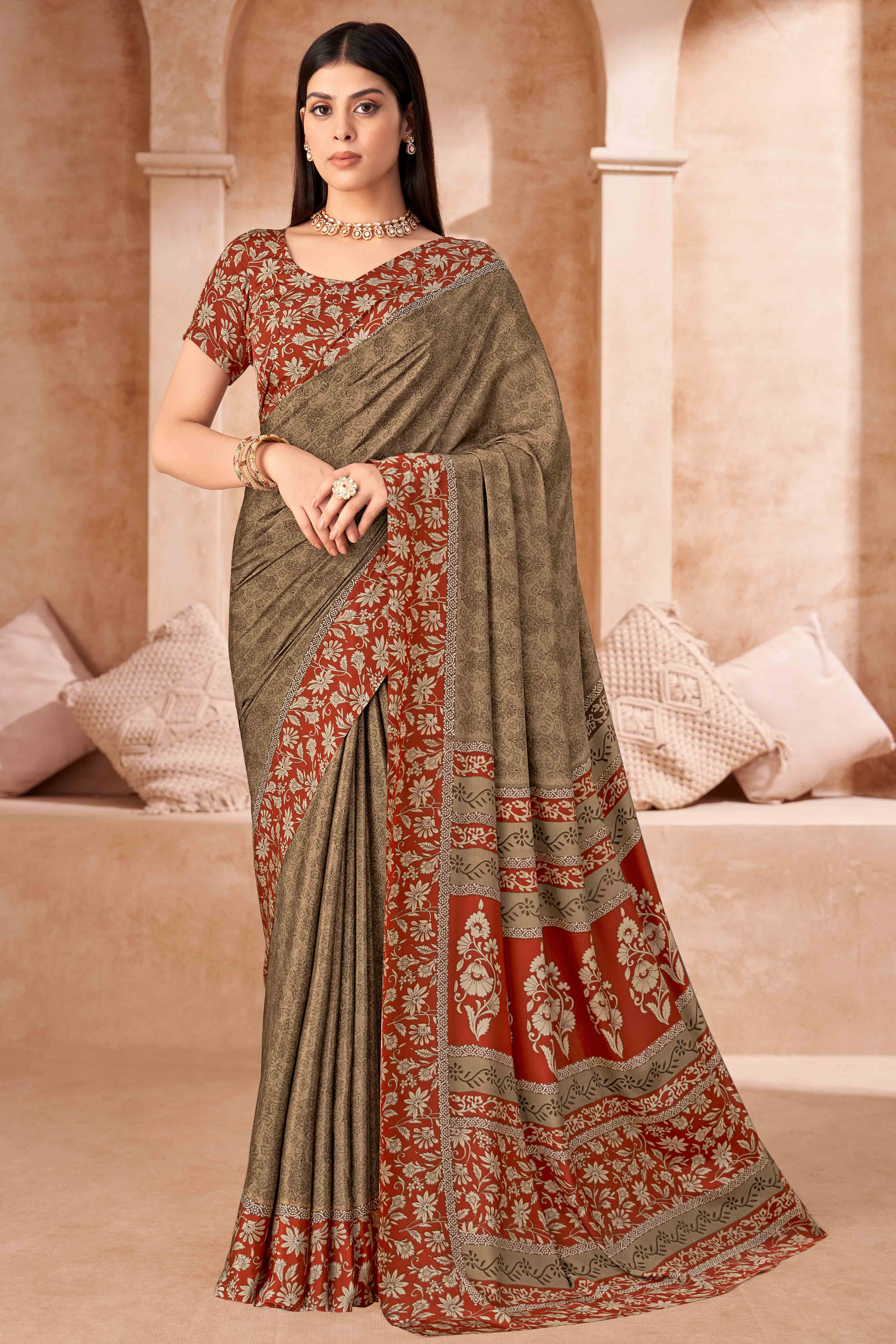 Brown Crepe Silk Saree With Timeless Floral Print Detailing