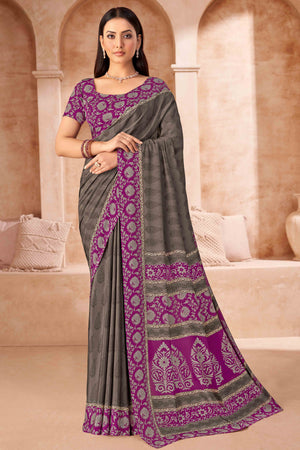 Taupe Crepe Silk Saree With Timeless Floral Print Detailing