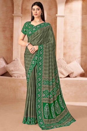 Green Crepe Silk Saree With Timeless Floral Print Detailing