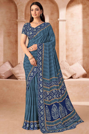 Bluish Grey Crepe Silk Saree With Timeless Floral Print Detailing