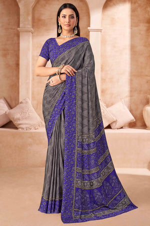 Grey & Purple Crepe Silk Saree With Timeless Floral Print Detailing