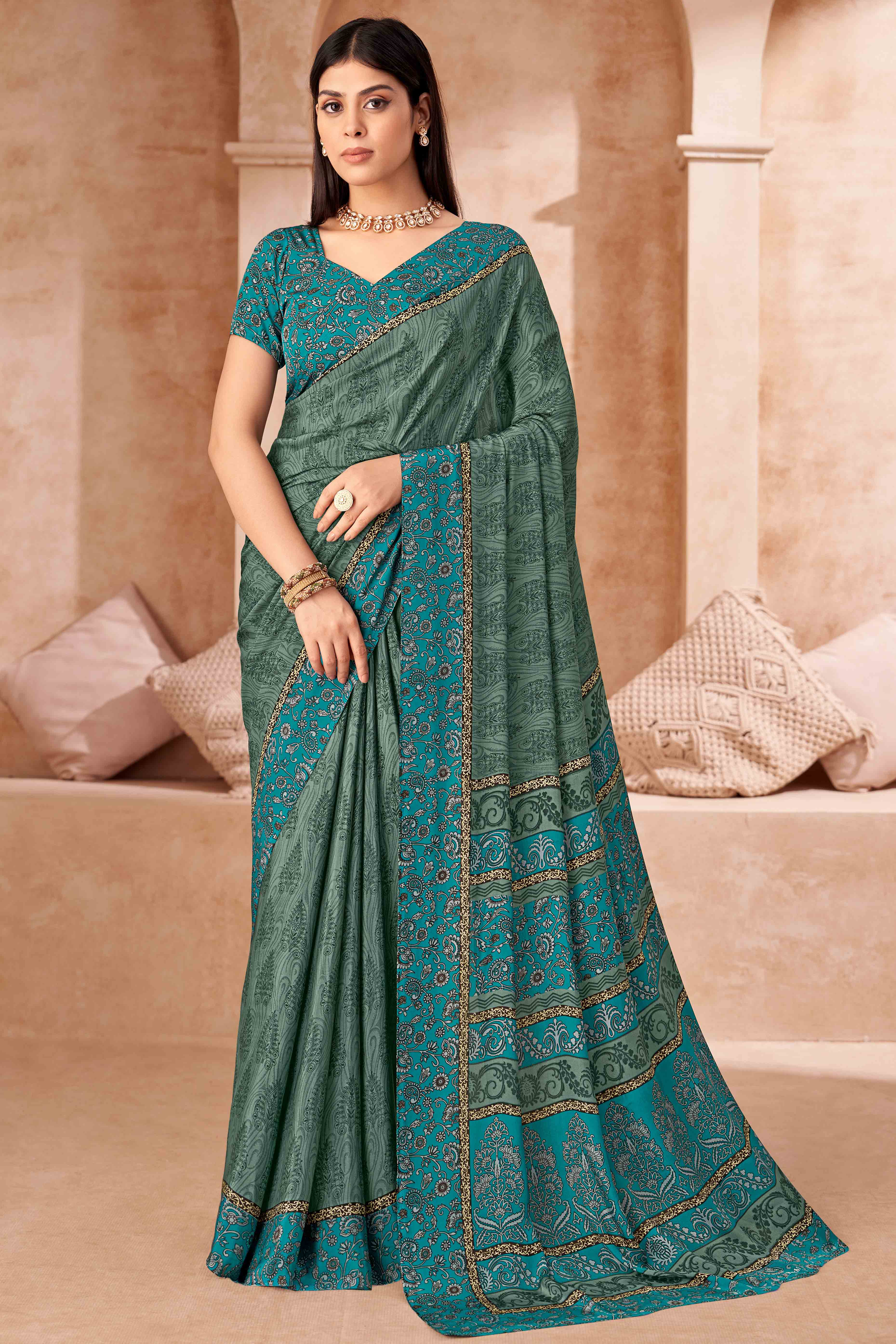 Sage Green & Teal Crepe Silk Saree With Timeless Floral Print Detailing