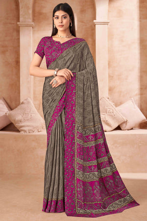 Taupe Crepe Silk Saree With Timeless Floral Print Detailing