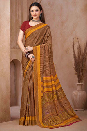 Mustard Crepe Silk Saree Featuring Delicate Floral Print Work
