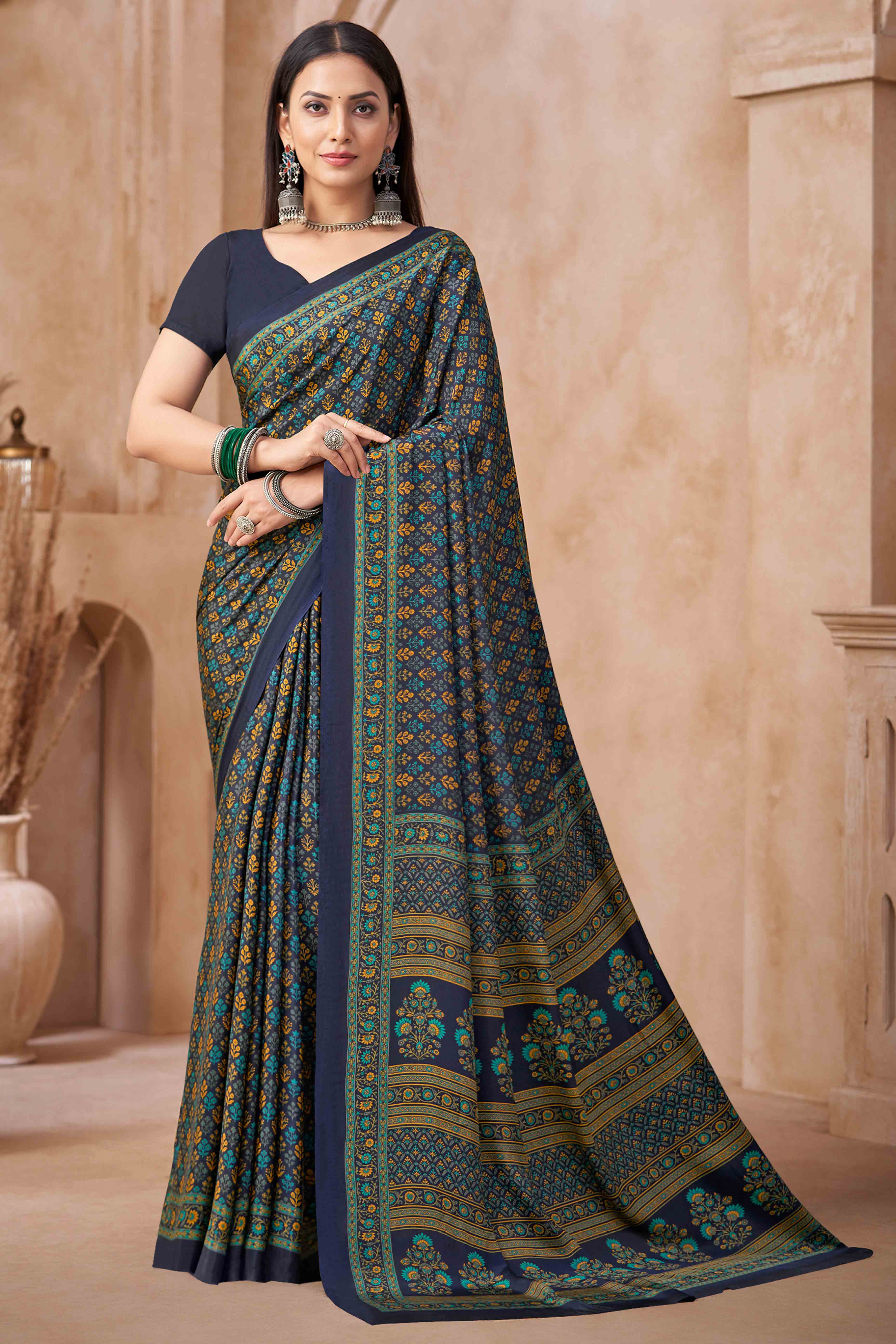 Navy Blue Crepe Silk Saree Featuring Delicate Floral Print Work