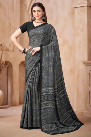 Dark Grey Crepe Silk Saree Featuring Delicate Geometric Print Work