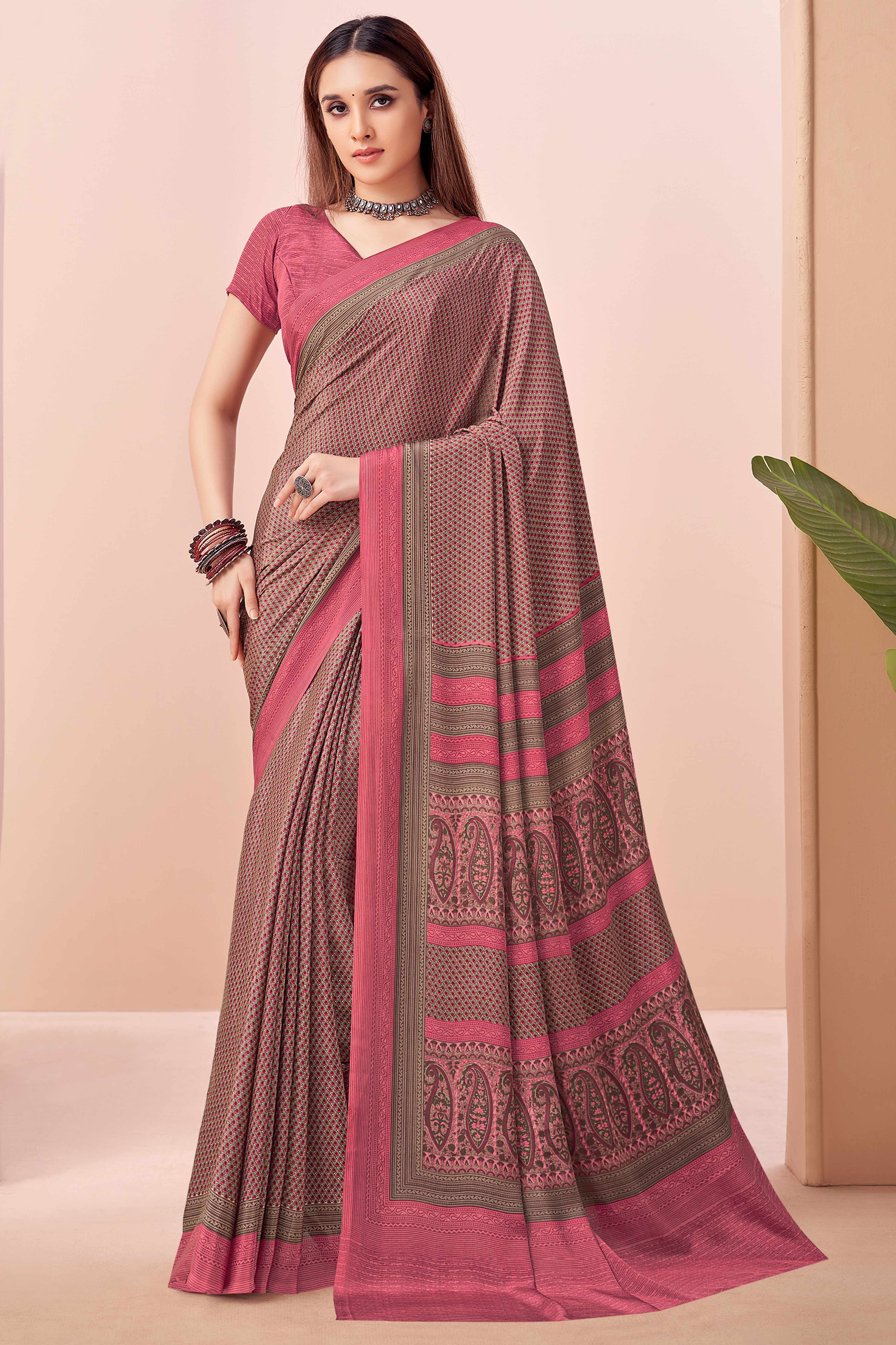 Pink Crepe Silk Saree Adorned With Artistic Floral Digital Print Work