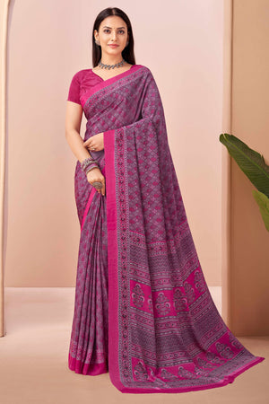 Magenta Crepe Silk Saree Adorned With Artistic Floral Digital Print Work