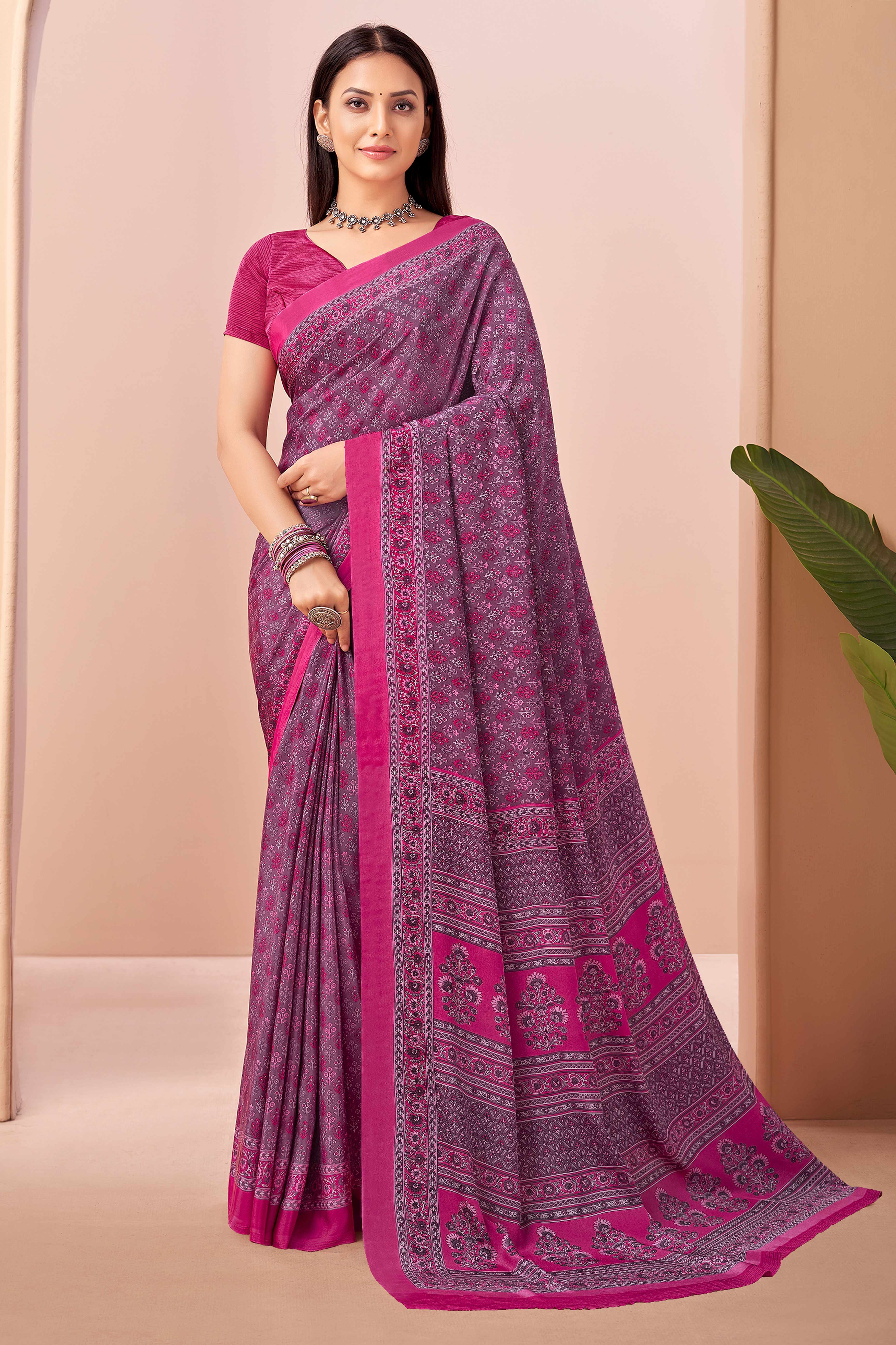 Magenta Crepe Silk Saree Adorned With Artistic Floral Digital Print Work - Image 1