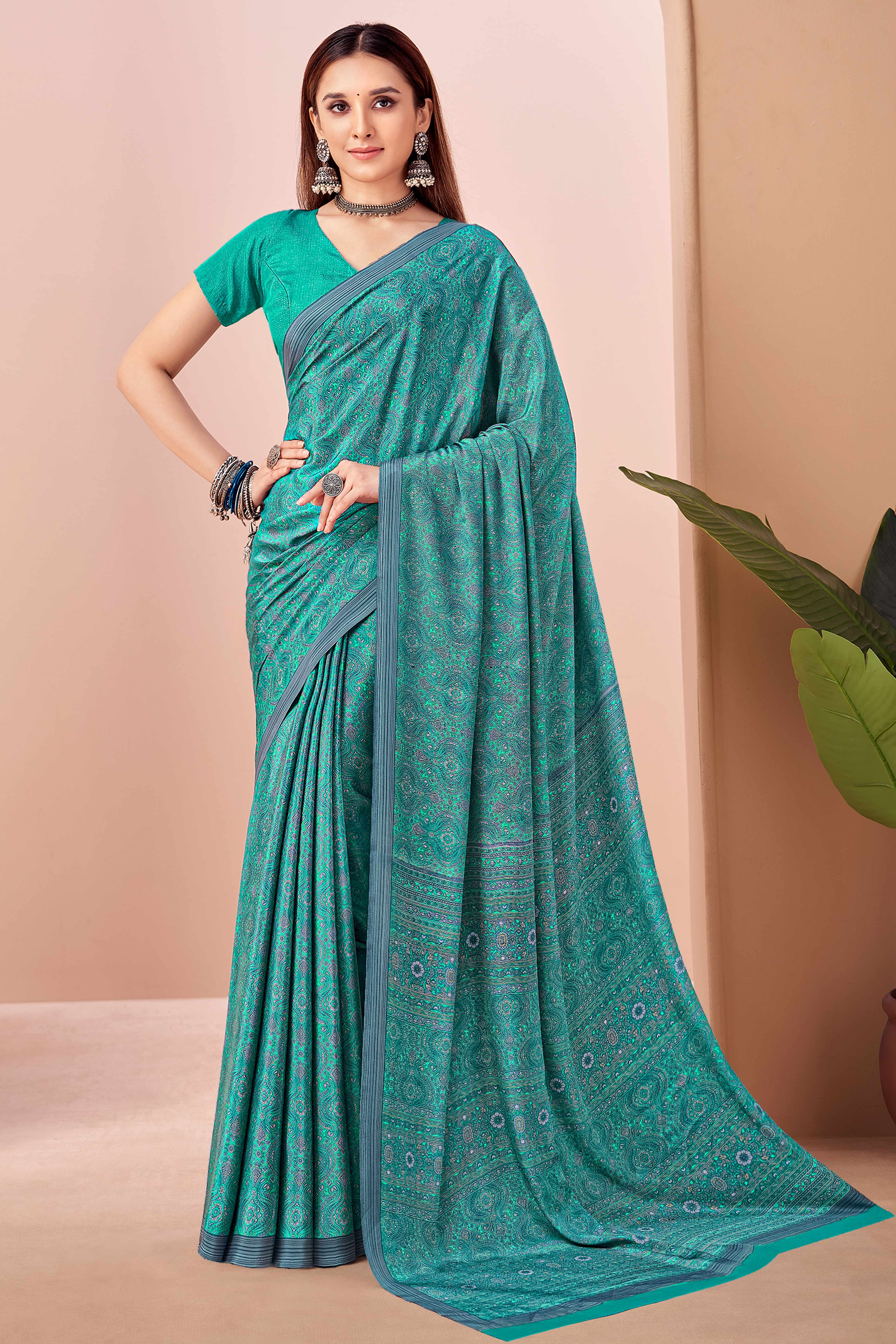 Turquoise Crepe Silk Saree Adorned With Artistic Floral Digital Print Work
