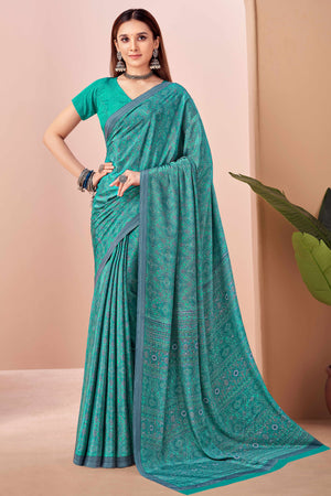 Turquoise Crepe Silk Saree Adorned With Artistic Floral Digital Print Work